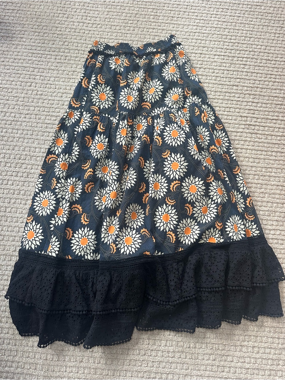 The Odells Tiered Floral Multicolor Black Eyelet Lace Ruffle Hem Boho Maxi Skirt